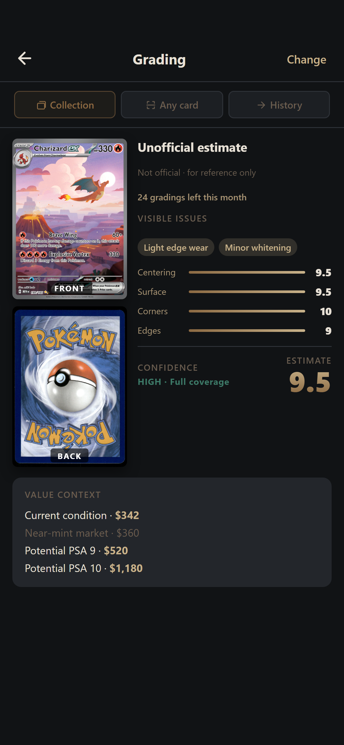 AI grading result: 9.5 estimate for Charizard ex