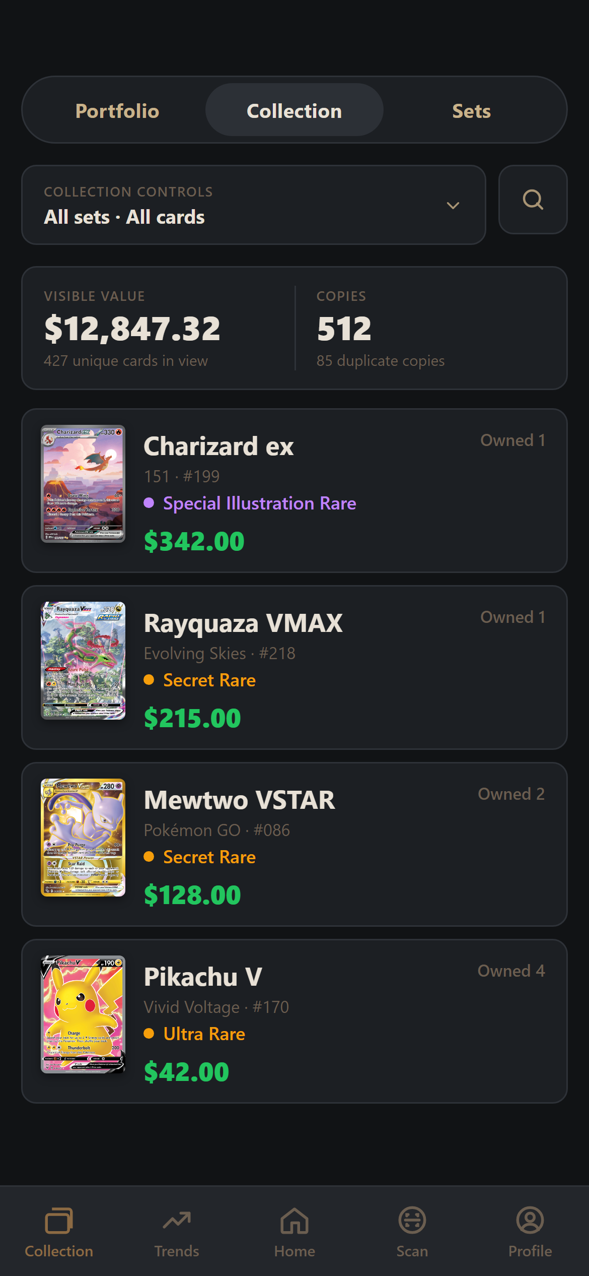 Collection view with card values