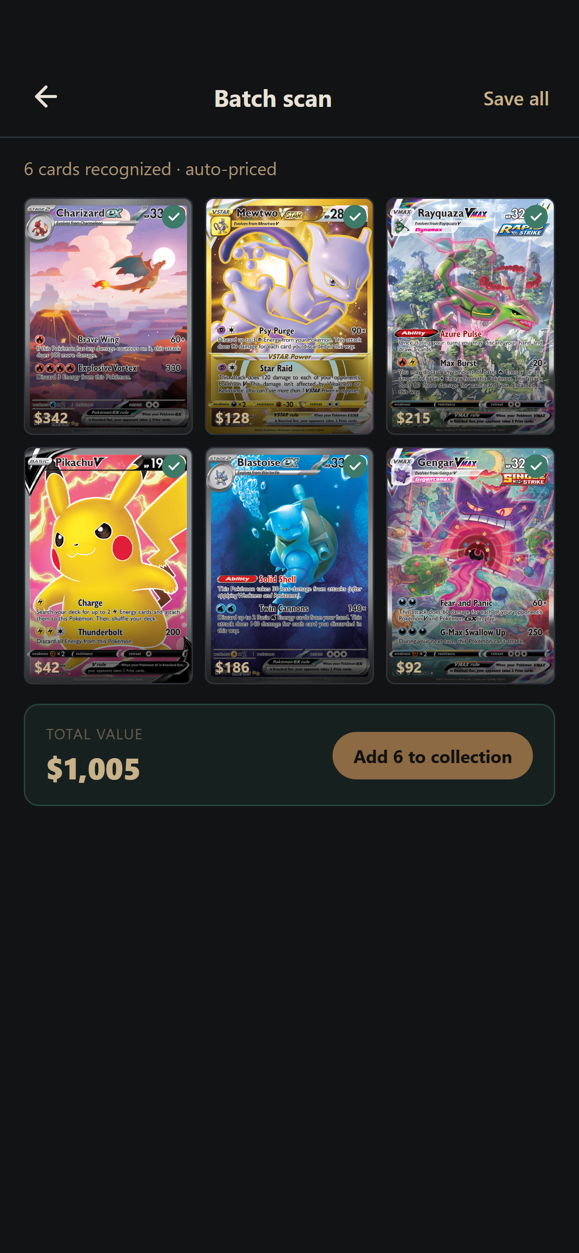 Batch scan recognising 6 cards worth $1,005